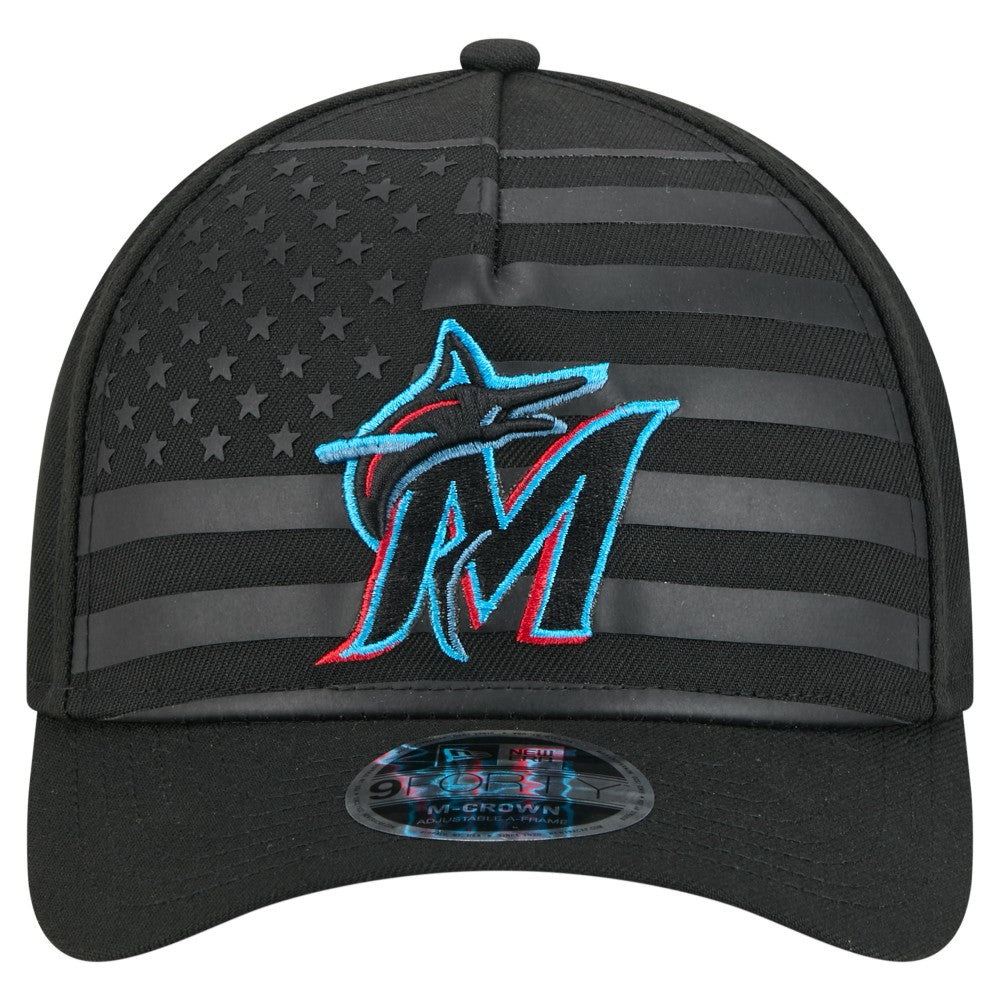 Miami Marlins American Flag 9FORTY M-Crown A-Frame Adjustable Hat - Black | New Era