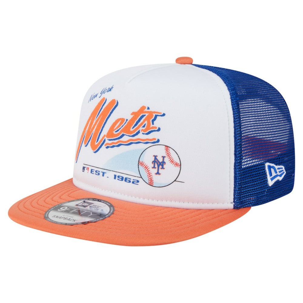 New York Mets Retro Script Trucker 9FIFTY Snapback Hat - White/Orange | New Era