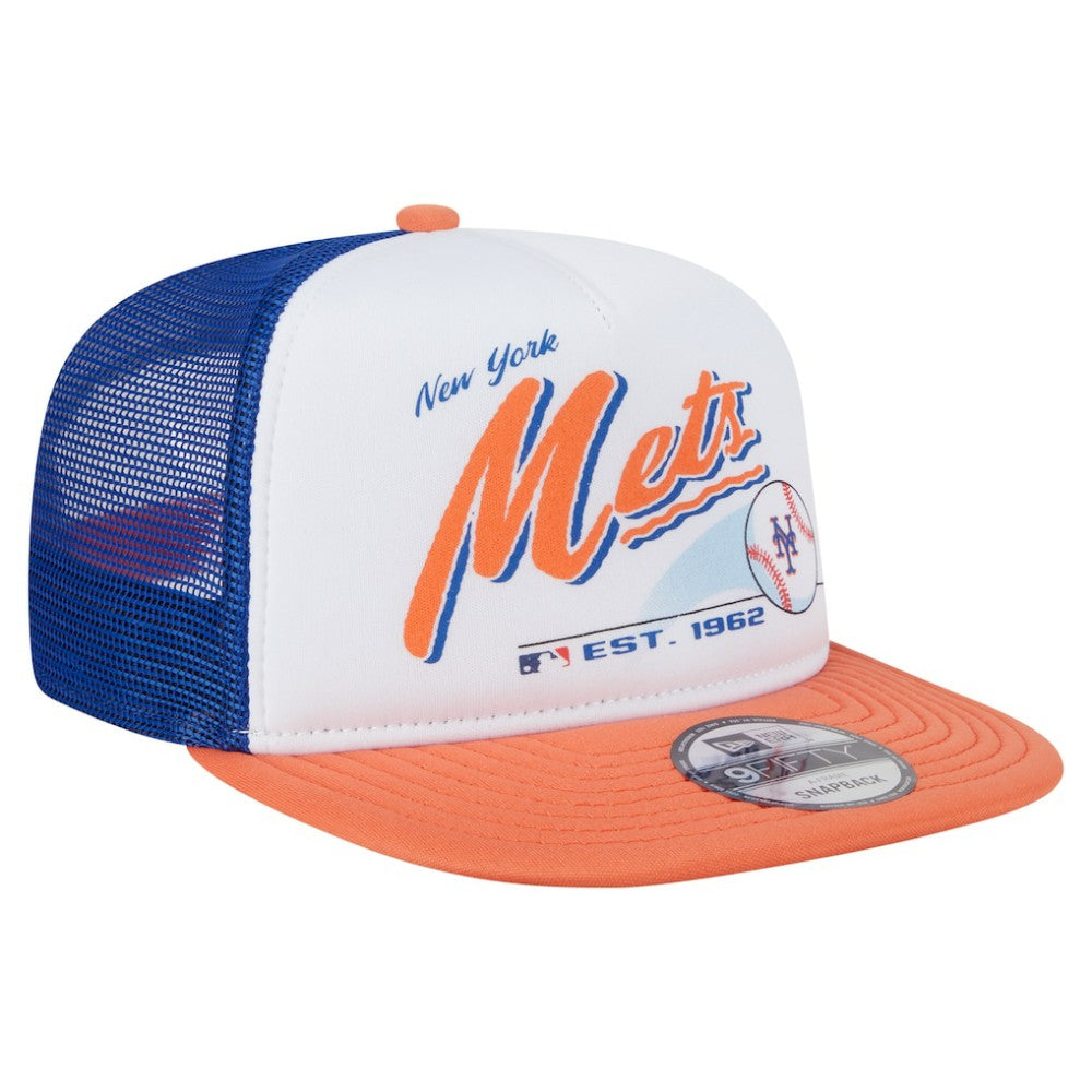 New York Mets Retro Script Trucker 9FIFTY Snapback Hat - White/Orange | New Era
