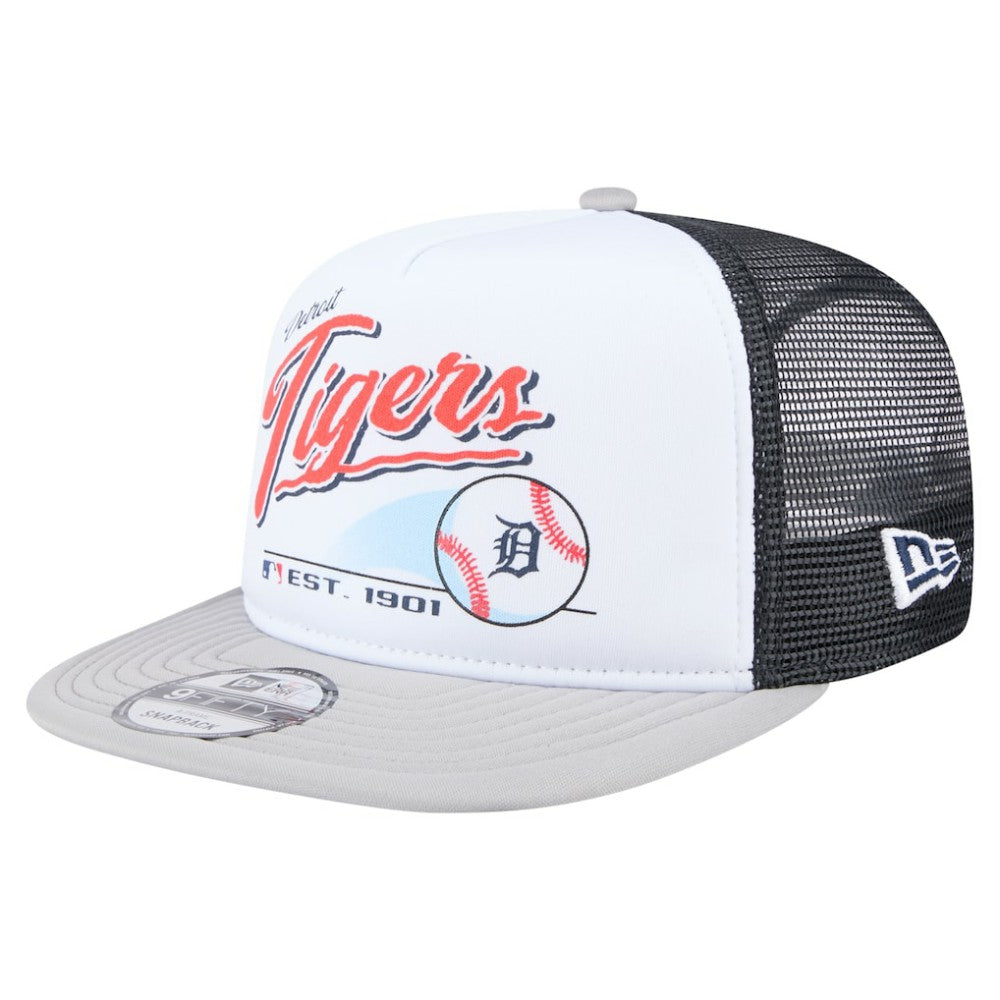 Detroit Tigers Retro Script Trucker 9FIFTY Snapback Hat - White/Gray | New Era