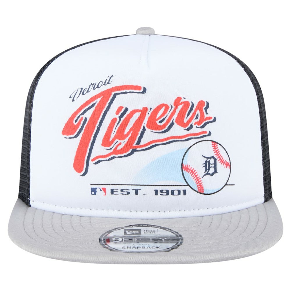 Detroit Tigers Retro Script Trucker 9FIFTY Snapback Hat - White/Gray | New Era