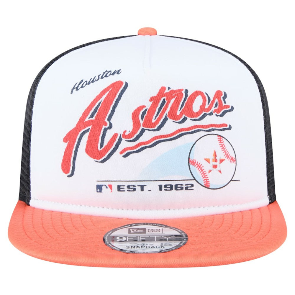 Houston Astros Retro Script Trucker 9FIFTY Snapback Hat - White/Orange | New Era