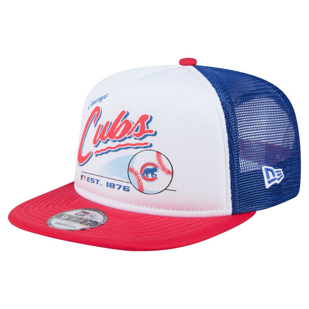 Chicago Cubs Retro Script Trucker 9FIFTY Snapback Hat - White/Red | New Era