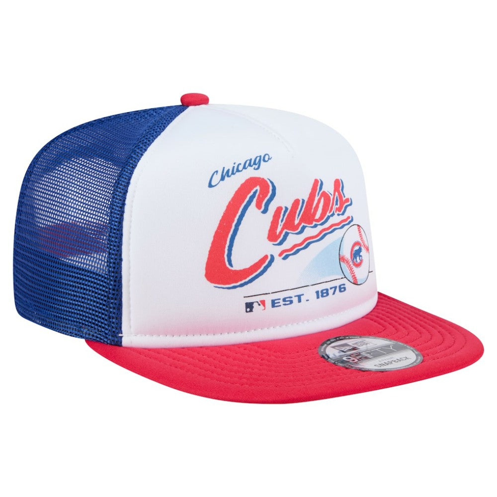 Chicago Cubs Retro Script Trucker 9FIFTY Snapback Hat - White/Red | New Era