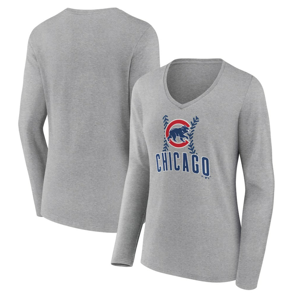 Chicago Cubs Women's Fastball Long Sleeve V-Neck T-Shirt - Gray