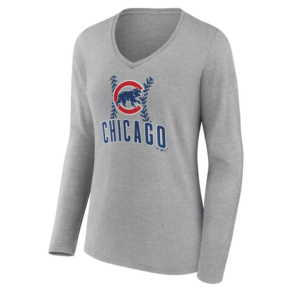 Chicago Cubs Women's Fastball Long Sleeve V-Neck T-Shirt - Gray
