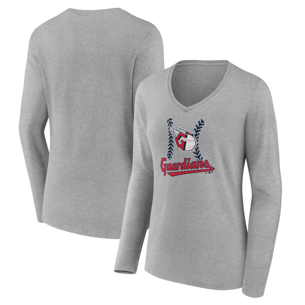 Cleveland Guardians Women's Fastball Long Sleeve V-Neck T-Shirt - Gray