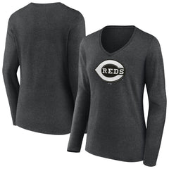 Cincinnati Reds Women's Monochrome Long Sleeve V-Neck T-Shirt - Charcoal