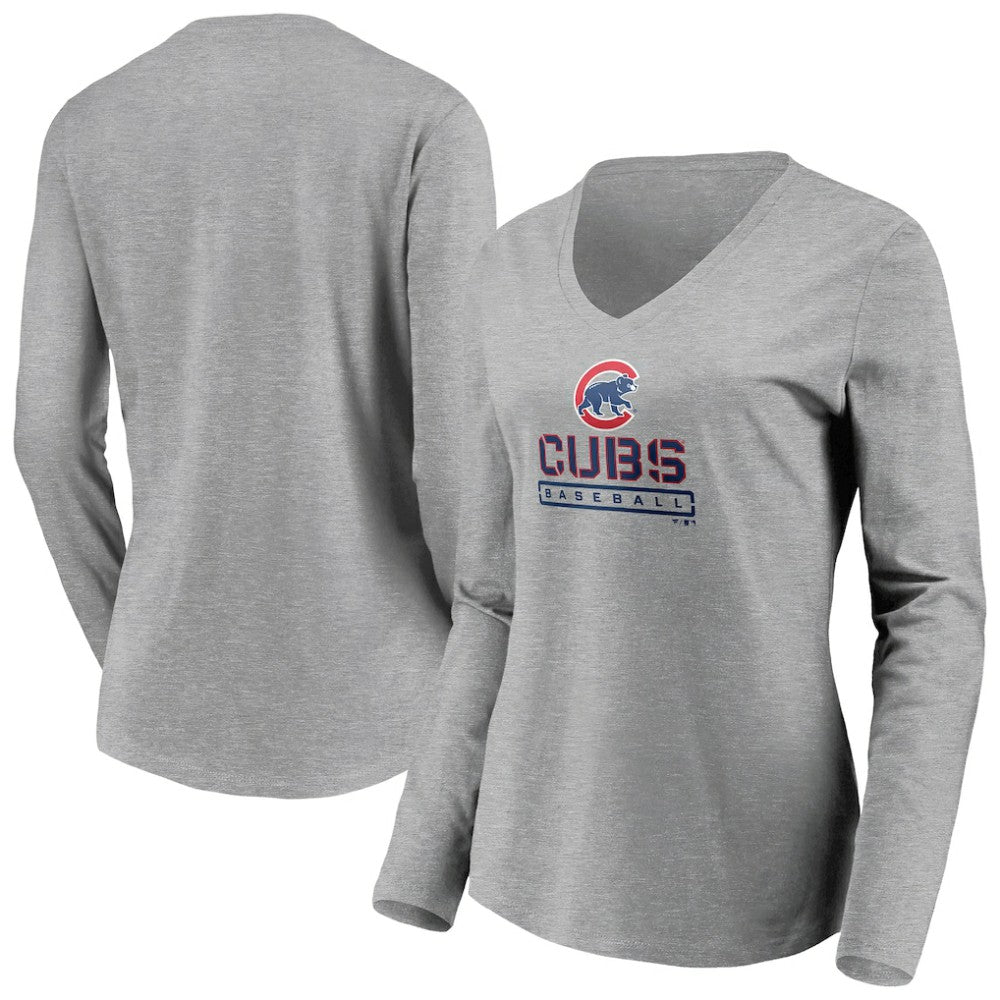 Chicago Cubs Women's Evanston Stencil Long Sleeve V-Neck T-Shirt - Gray