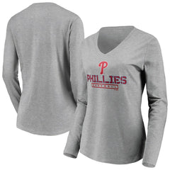 Philadelphia Phillies Women's Evanston Stencil Long Sleeve V-Neck T-Shirt - Gray