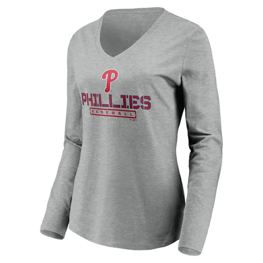 Philadelphia Phillies Women's Evanston Stencil Long Sleeve V-Neck T-Shirt - Gray