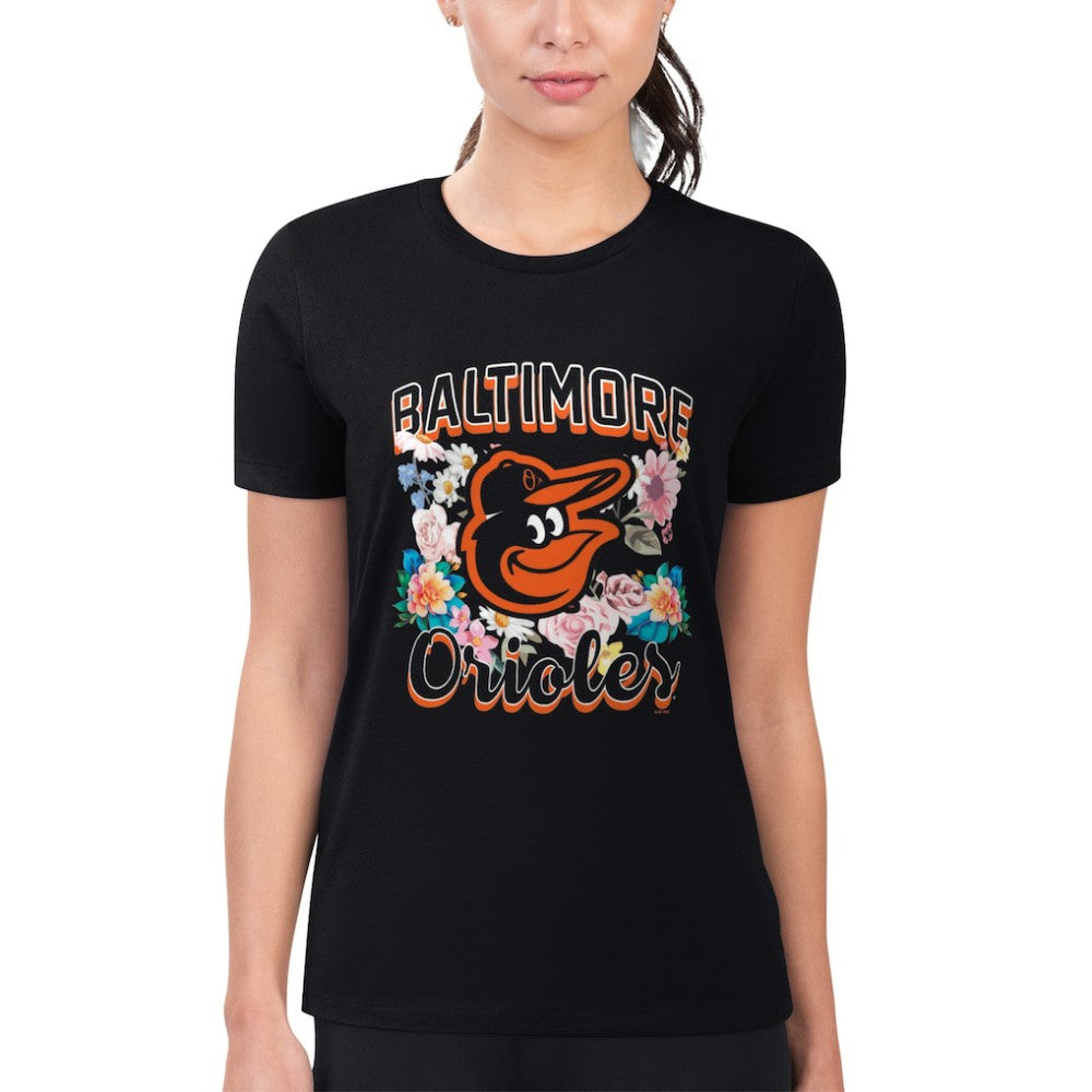Baltimore Orioles G-III 4Her by Carl Banks Women's Super-Slim Fit Lightweight Flowers Graphic T-Shirt - Black