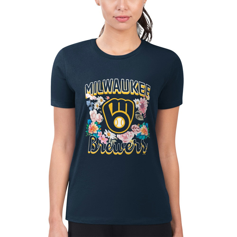 Milwaukee Brewers G-III 4Her by Carl Banks Women's Super-Slim Fit Lightweight Flowers Graphic T-Shirt - Navy