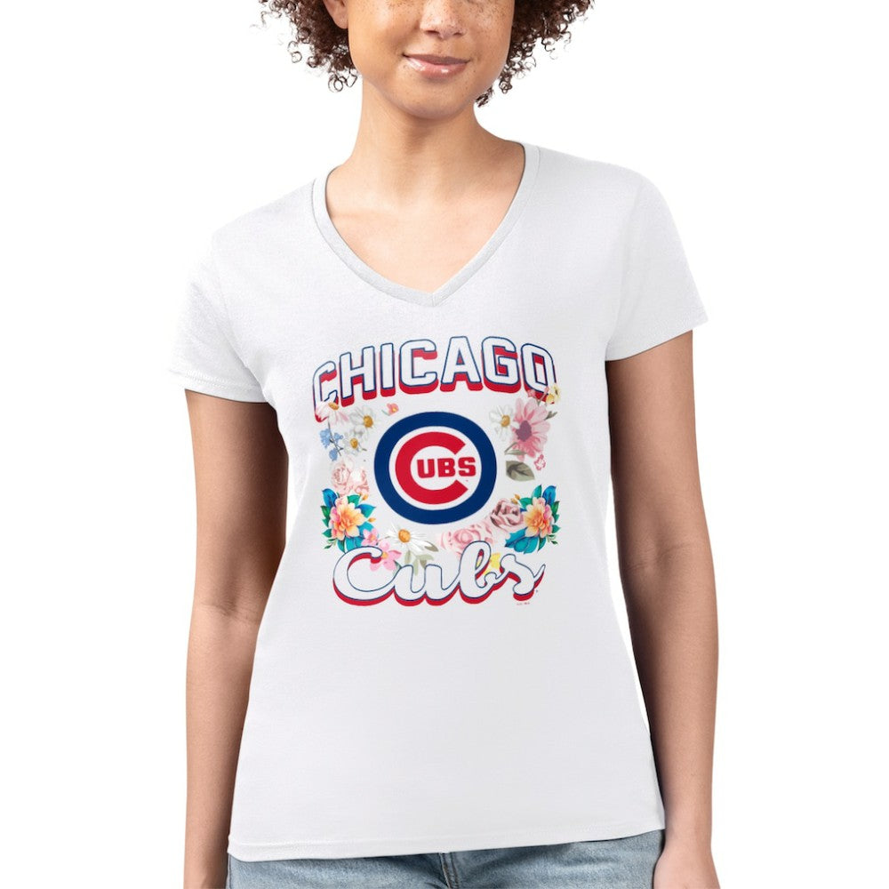 Chicago Cubs G-III 4Her by Carl Banks Women's Super-Slim Fit Lightweight Flowers Graphic V-Neck T-Shirt - White