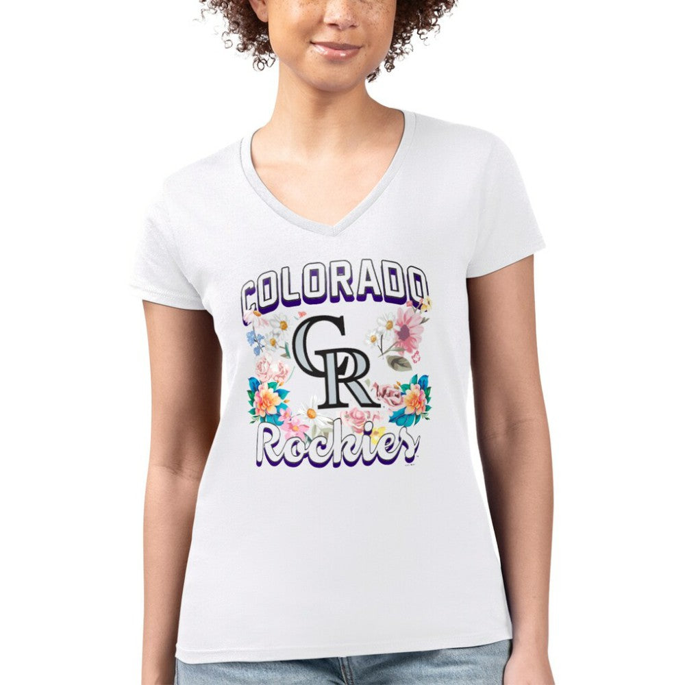 Colorado Rockies G-III 4Her by Carl Banks Women's Super-Slim Fit Lightweight Flowers Graphic V-Neck T-Shirt - White