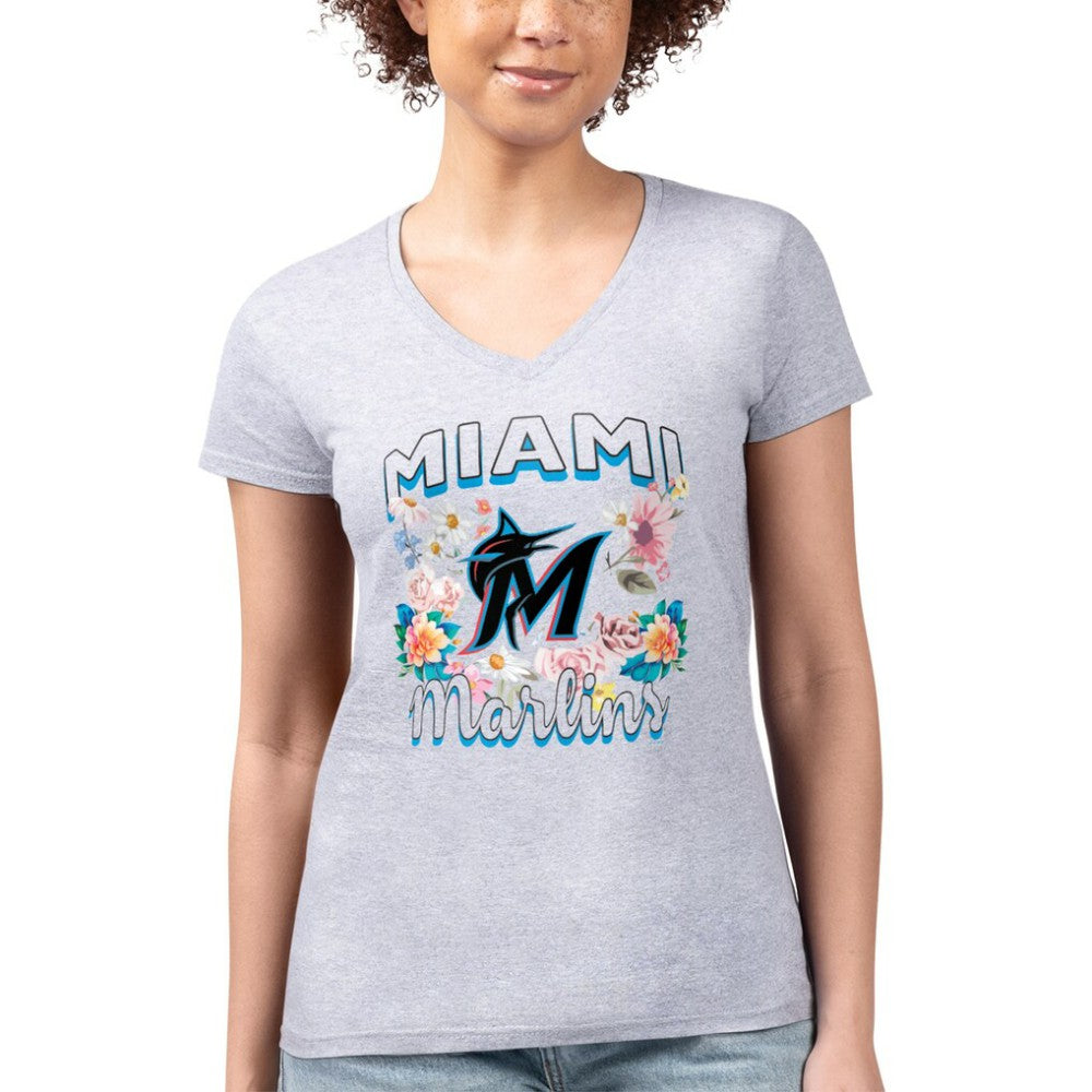 Miami Marlins G-III 4Her by Carl Banks Women's Super-Slim Fit Lightweight Flowers Graphic V-Neck T-Shirt - Heather Gray