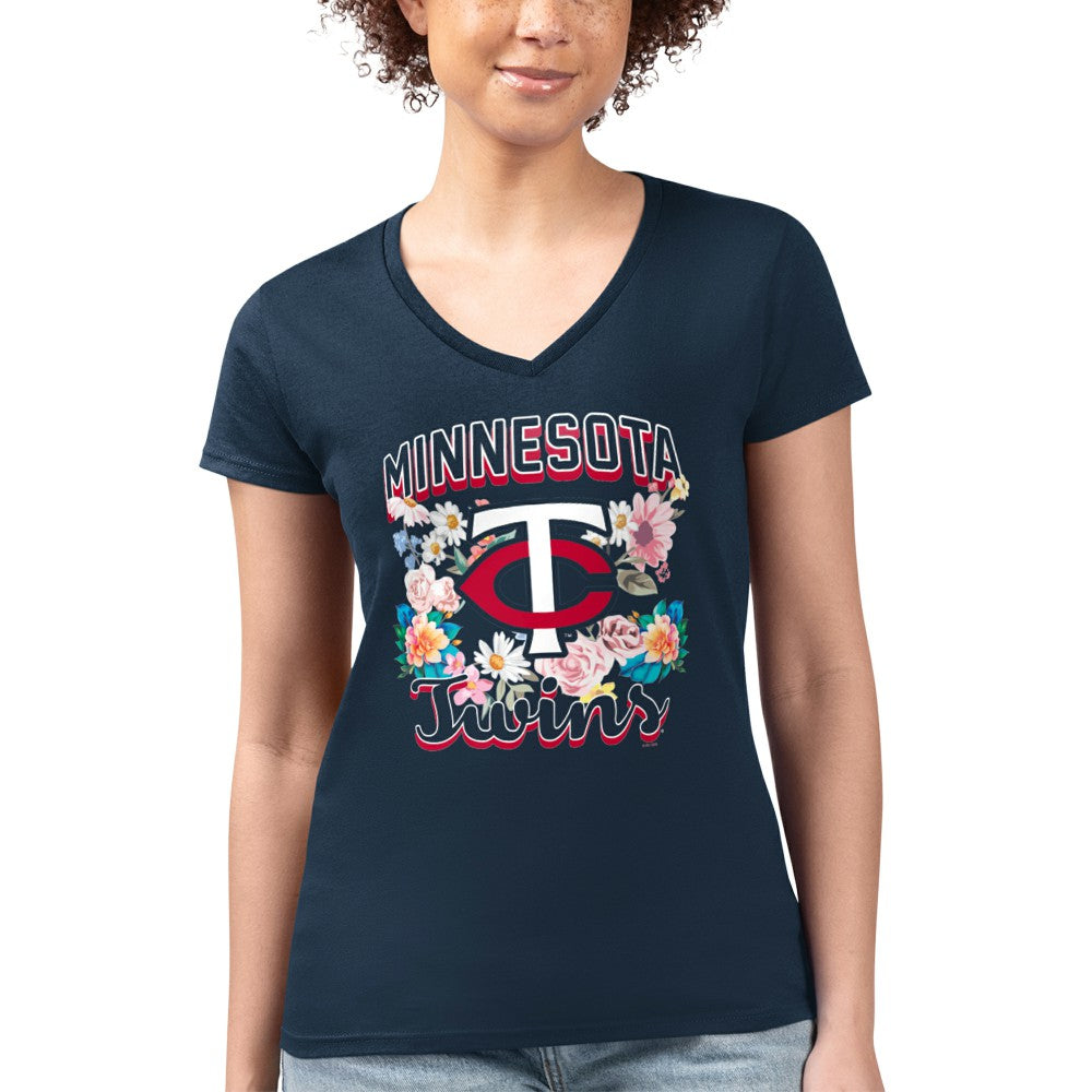 Minnesota Twins G-III 4Her by Carl Banks Women's Super-Slim Fit Lightweight Flowers Graphic V-Neck T-Shirt - Navy