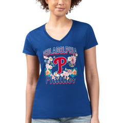 Philadelphia Phillies G-III 4Her by Carl Banks Women's Super-Slim Fit Lightweight Flowers Graphic V-Neck T-Shirt - Royal