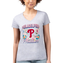 Philadelphia Phillies G-III 4Her by Carl Banks Women's Super-Slim Fit Lightweight Flowers Graphic V-Neck T-Shirt - Heather Gray