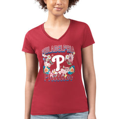 Philadelphia Phillies G-III 4Her by Carl Banks Women's Super-Slim Fit Lightweight Flowers Graphic V-Neck T-Shirt - Red
