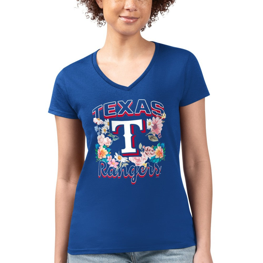 Texas Rangers G-III 4Her by Carl Banks Women's Super-Slim Fit Lightweight Flowers Graphic V-Neck T-Shirt - Royal