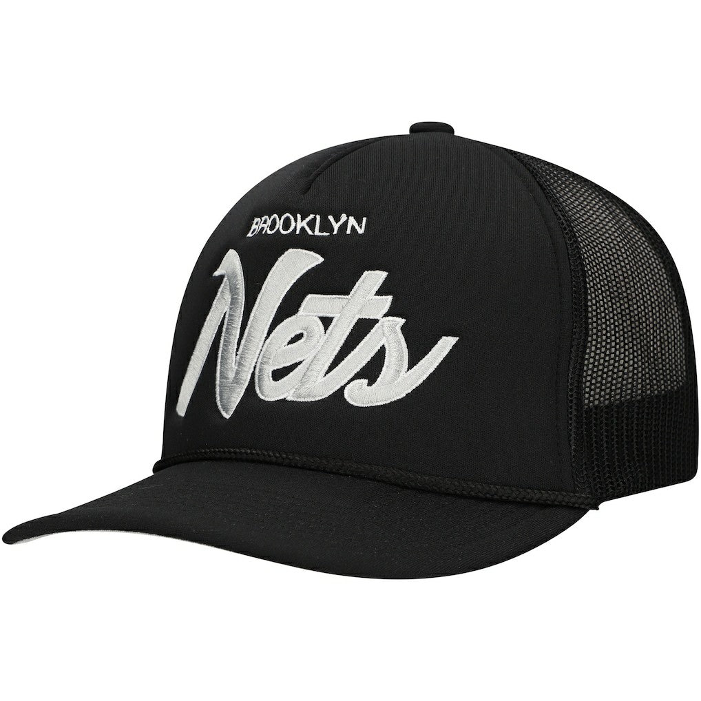 Brooklyn Nets Script Trucker Adjustable Hat - Black | Mitchell & Ness outlet