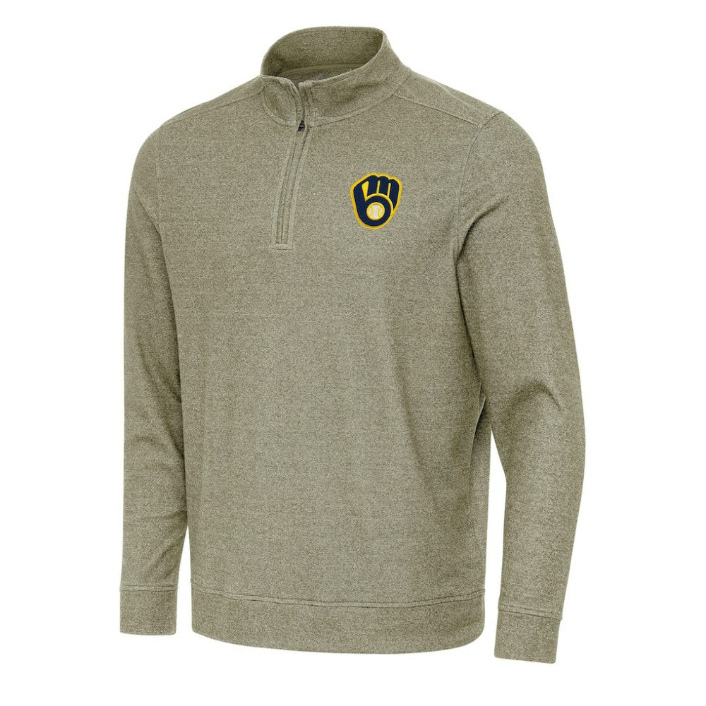 Milwaukee Brewers Antigua Subtle Quarter-Zip Sweatshirt - Heather Olive