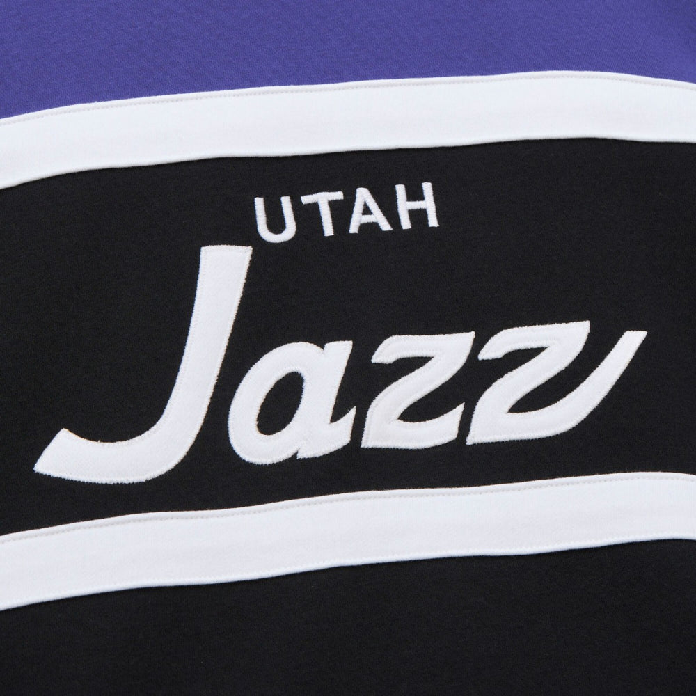Utah Jazz Hardwood Classics Vintage Logo Head Coach Pullover Sweatshirt - Black/Purple | Mitchell & Ness sale