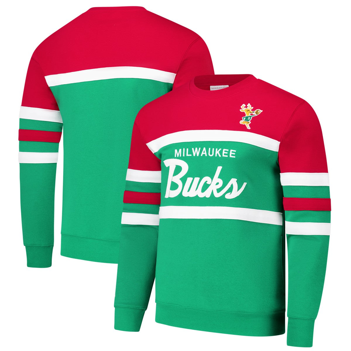 Milwaukee Bucks Hardwood Classics Vintage Logo Head Coach Pullover Sweatshirt - Green/Red | Mitchell & Ness for sale
