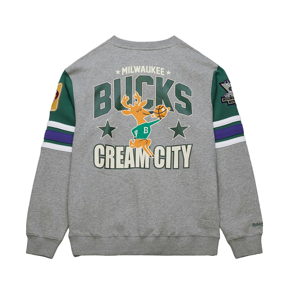 Milwaukee Bucks Hardwood Classics All Over 4.0 Pullover Sweatshirt - Heather Gray | Mitchell & Ness cheap