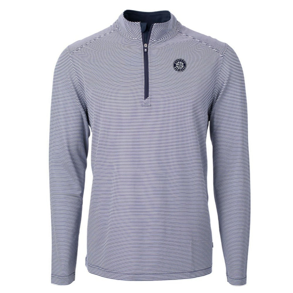 Seattle Mariners Cutter & Buck Virtue Eco Pique Micro Stripe Quarter-Zip Jacket - Navy