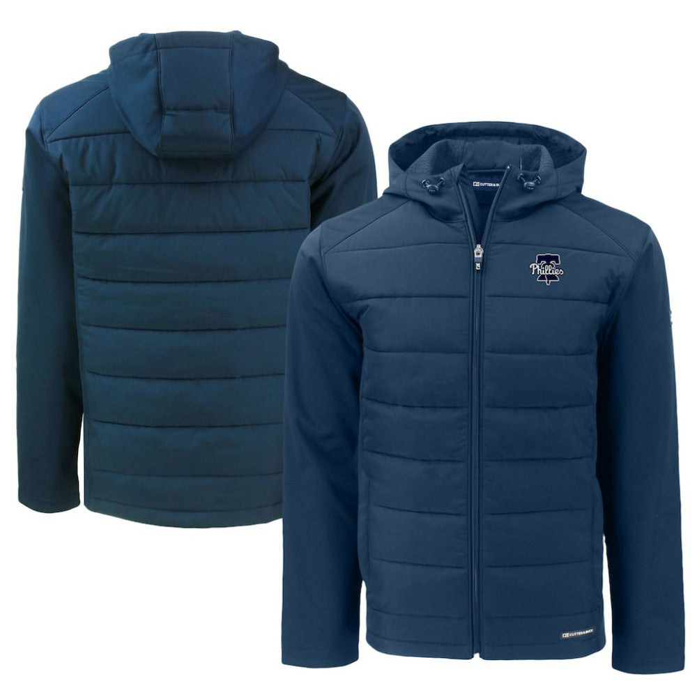 Philadelphia Phillies Cutter & Buck Big & Tall Evoke Hybrid Eco Softshell Recycled Full-Zip Hooded PrimaLoft Jacket - Navy