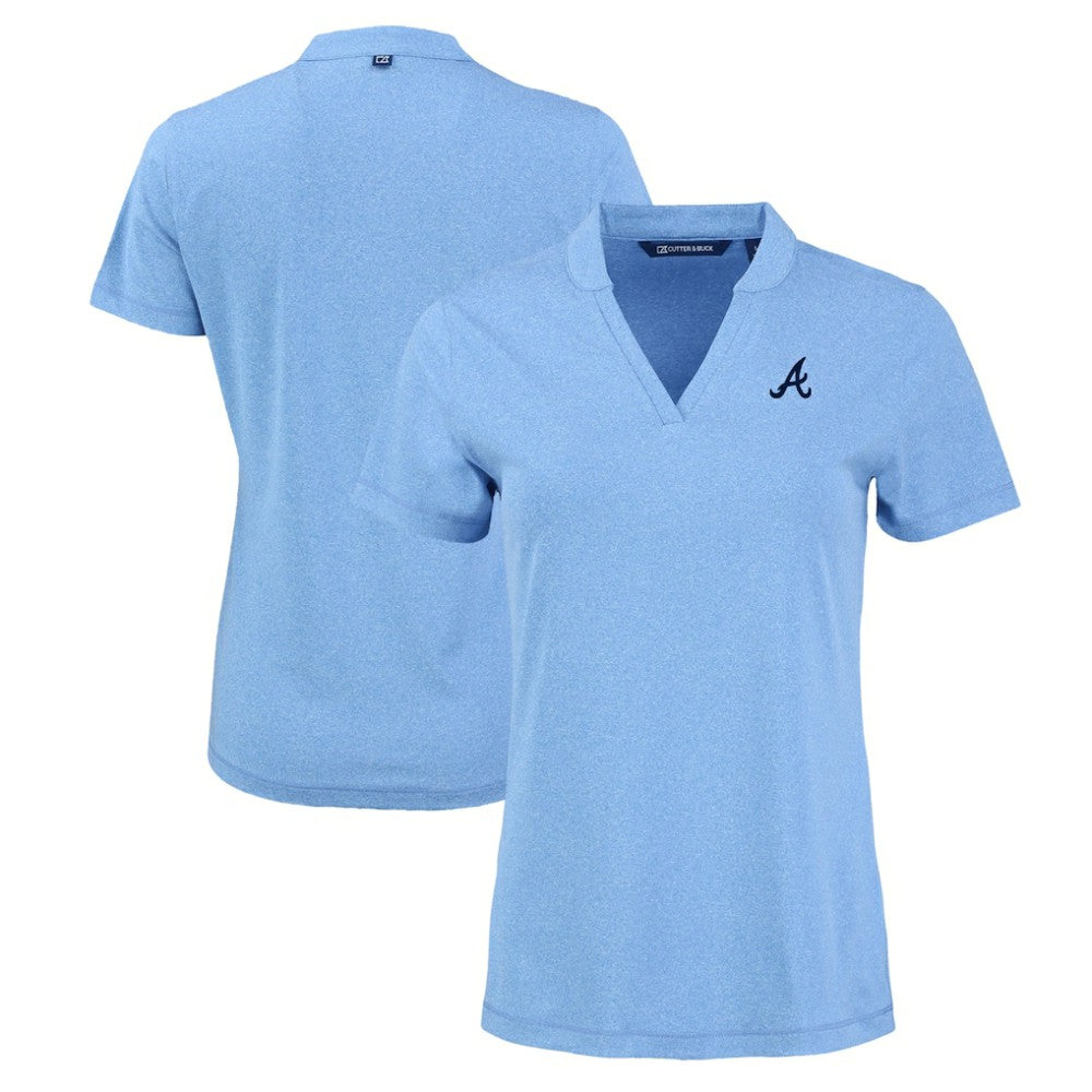 Atlanta Braves Cutter & Buck Women's Forge Stretch Blade DryTec V-Neck Polo - Heather Light Blue
