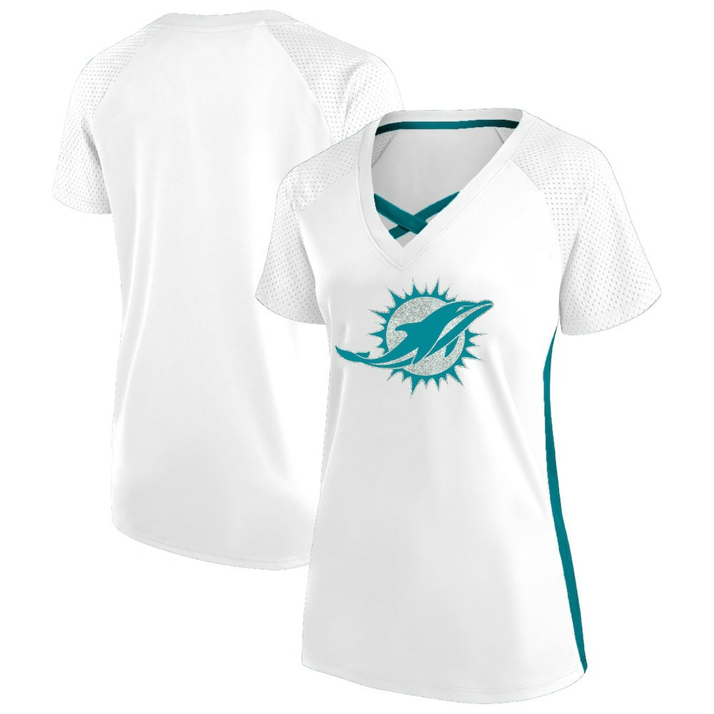 NFL Miami Dolphins Women's Plus Size Glitter Lace-Up V- Neck T-Shirt
