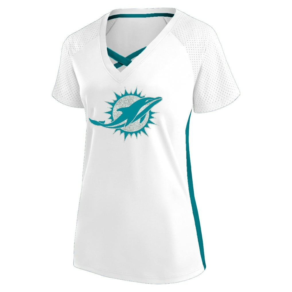 NFL Miami Dolphins Women's Plus Size Glitter Lace-Up V- Neck T-Shirt