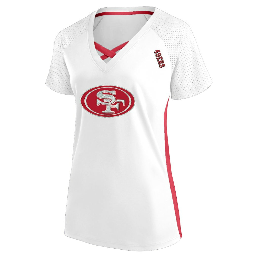 NFL San Francisco 49ers Women's Plus Size Glitter Lace-Up V- Neck T-Shirt