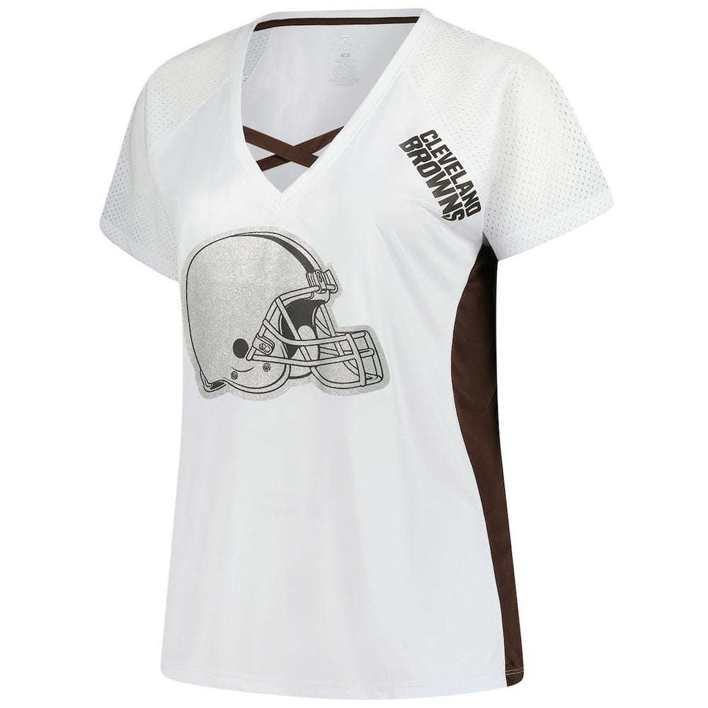 NFL Cleveland Browns Women's Plus Size Glitter Lace-Up V- Neck T-Shirt