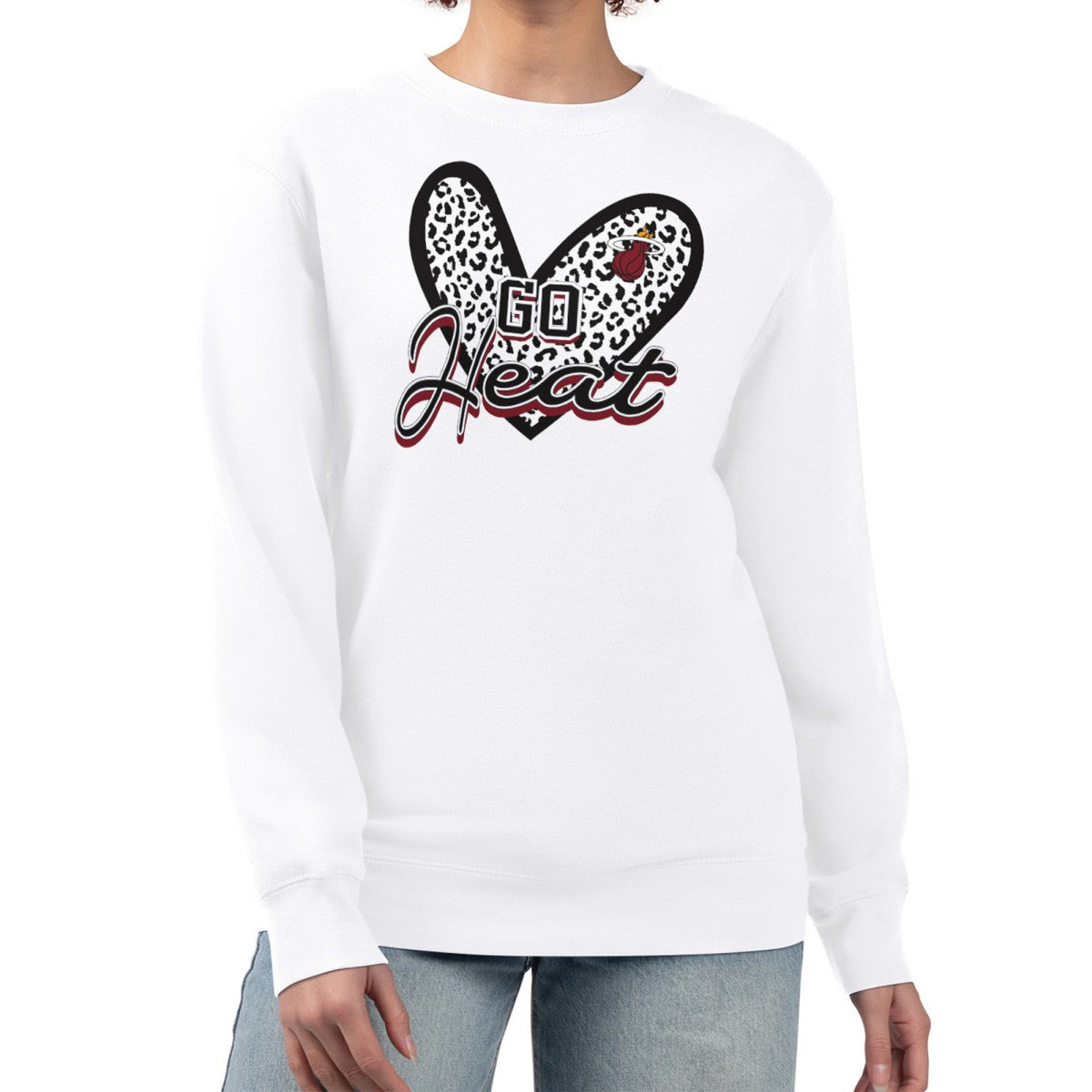 Miami Heat G-III 4Her by Carl Banks Women's Leopard Heart Fleece Pullover Sweatshirt - White on sale