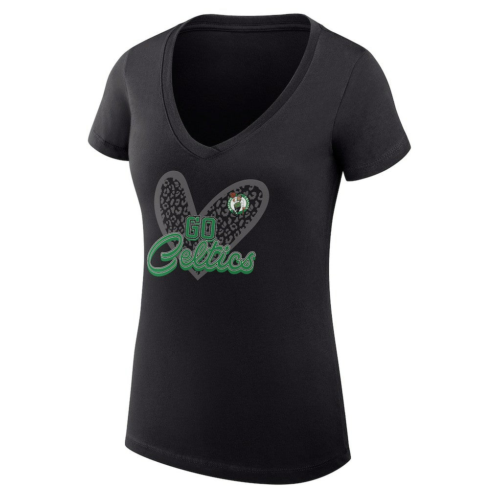 Boston Celtics G-III 4Her by Carl Banks Women's Super-Slim Fit Lightweight Leopard Heart V-Neck T-Shirt - Black cheap