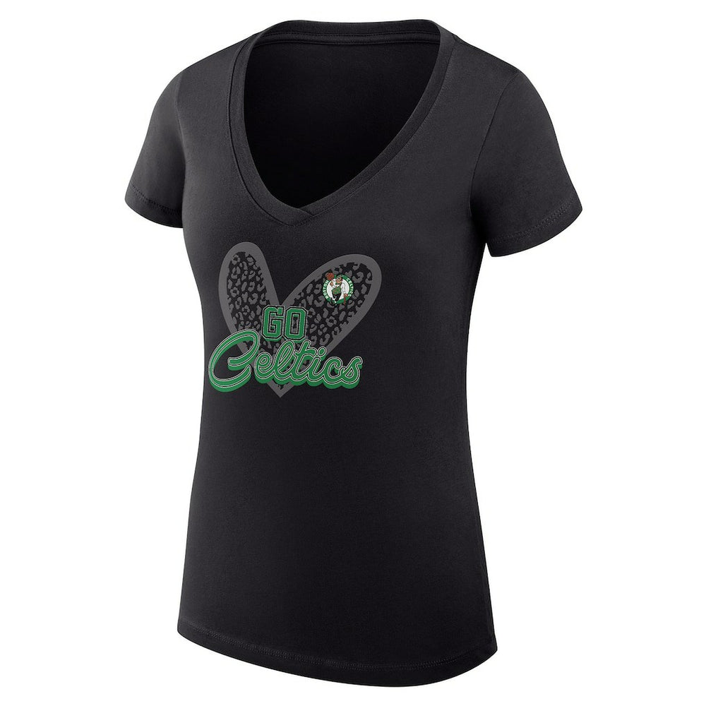 Boston Celtics G-III 4Her by Carl Banks Women's Super-Slim Fit Lightweight Leopard Heart V-Neck T-Shirt - Black cheap