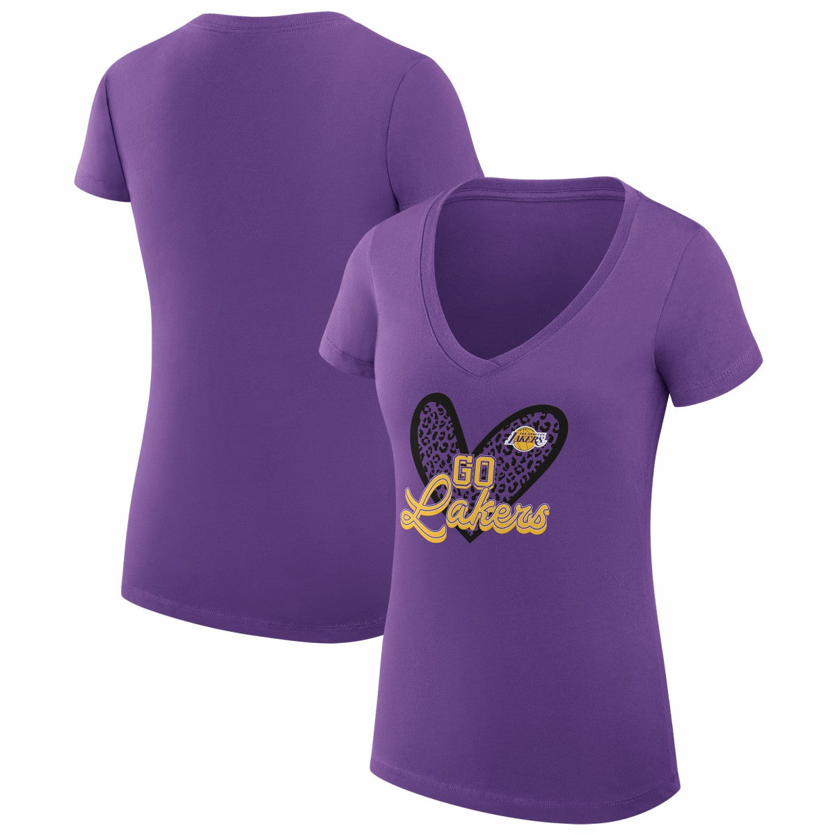 Los Angeles Lakers G-III 4Her by Carl Banks Women's Super-Slim Fit Lightweight Leopard Heart V-Neck T-Shirt - Purple outlet