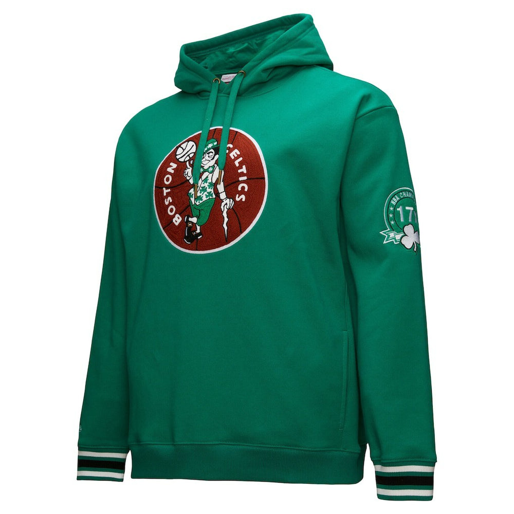 Boston Celtics Chainstitch Applique Vintage Heavyweight Pullover Hoodie - Kelly Green | Mitchell & Ness for sale
