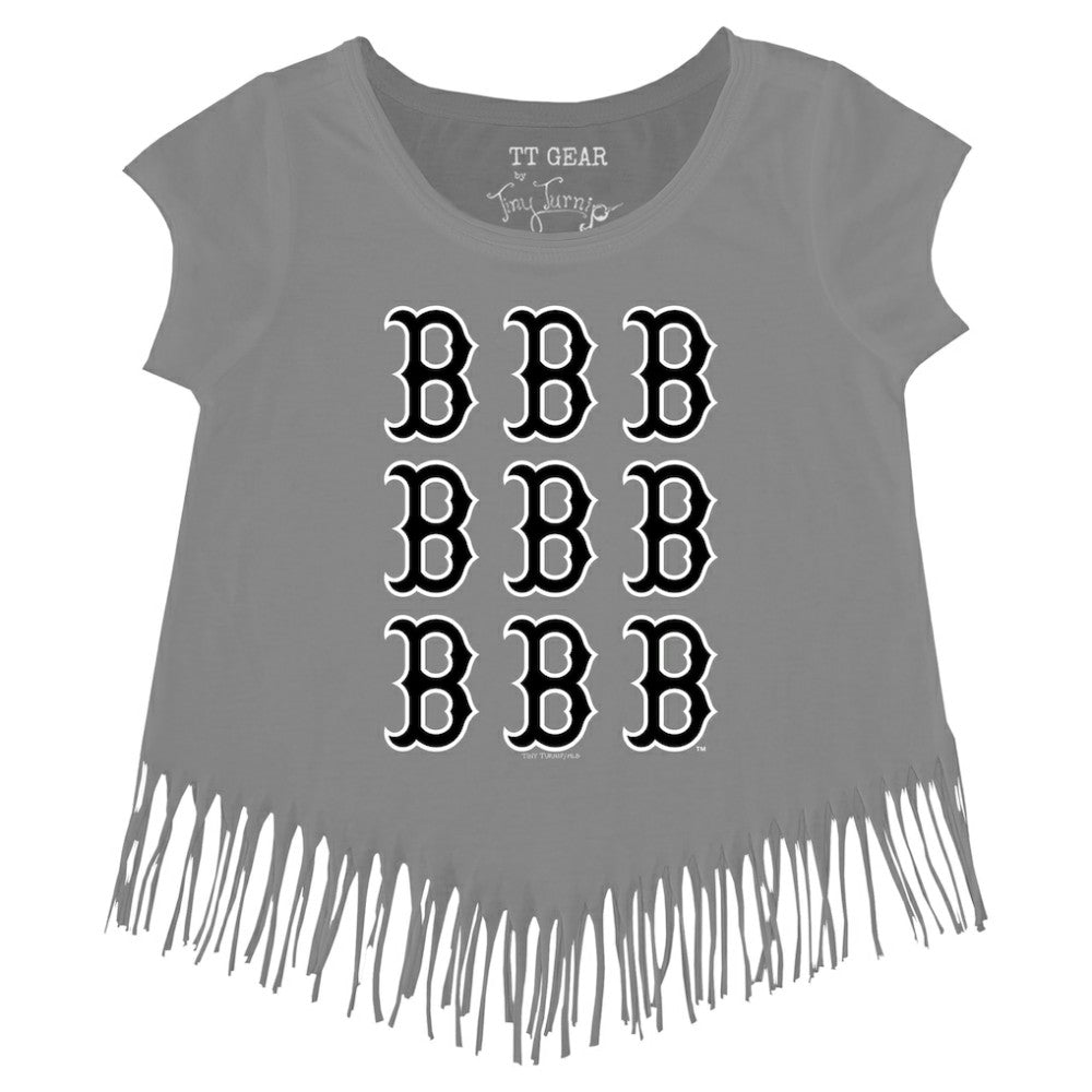 Boston Red Sox Tiny Turnip Girls Youth Logo Grid Fringe T-Shirt - Gray