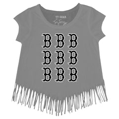 Boston Red Sox Tiny Turnip Girls Youth Logo Grid Fringe T-Shirt - Gray