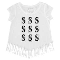 Seattle Mariners Tiny Turnip Girls Youth Logo Grid Fringe T-Shirt - White