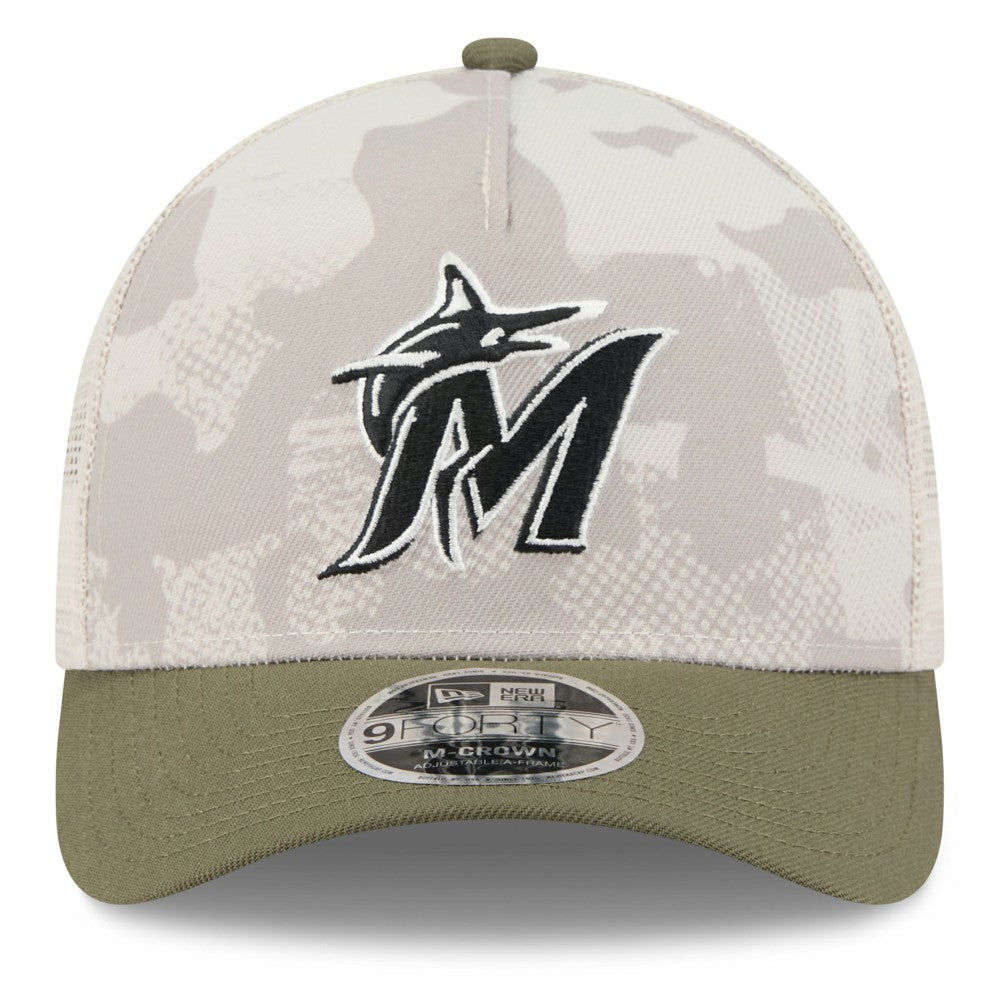 Miami Marlins 2025 Armed Forces Day 9FORTY M-Crown A-Frame Adjustable Hat - Light Beige/Olive | New Era