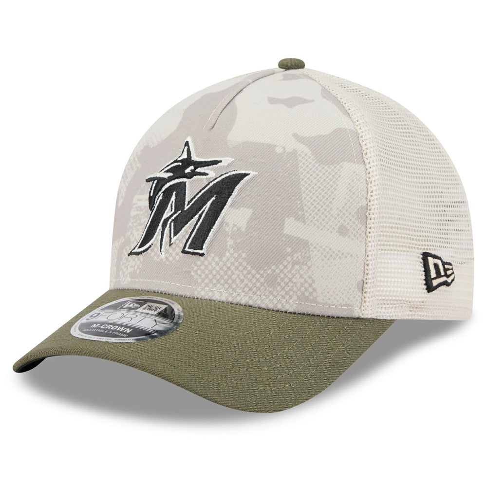 Miami Marlins 2025 Armed Forces Day 9FORTY M-Crown A-Frame Adjustable Hat - Light Beige/Olive | New Era