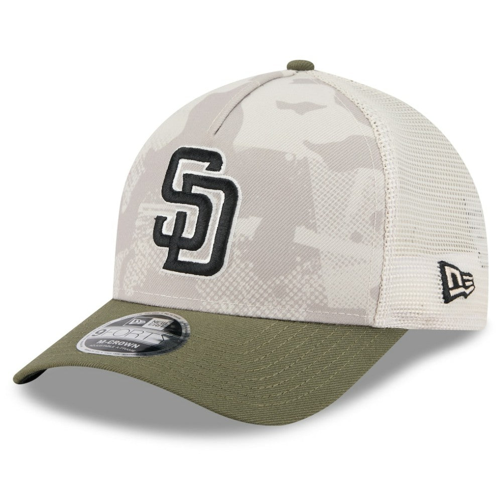 San Diego Padres 2025 Armed Forces Day 9FORTY M-Crown A-Frame Adjustable Hat - Light Beige/Olive | New Era