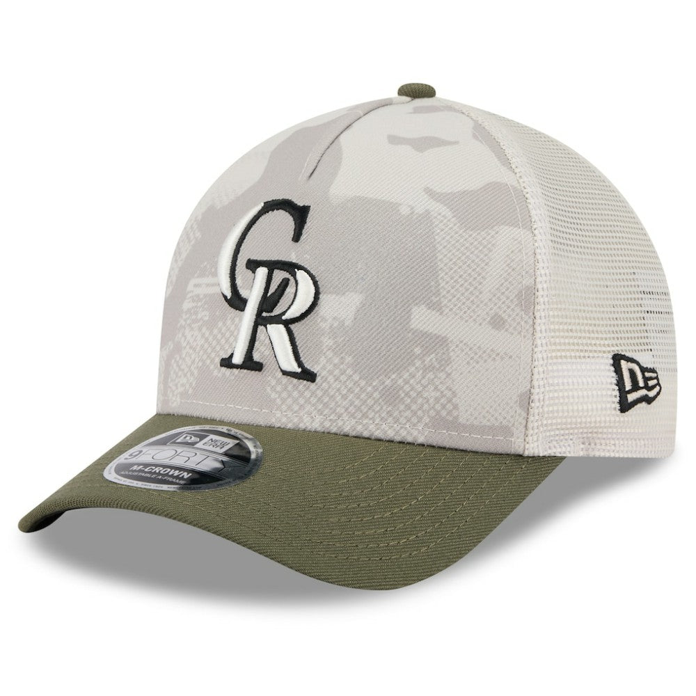 Colorado Rockies 2025 Armed Forces Day 9FORTY M-Crown A-Frame Adjustable Hat - Light Beige/Olive | New Era