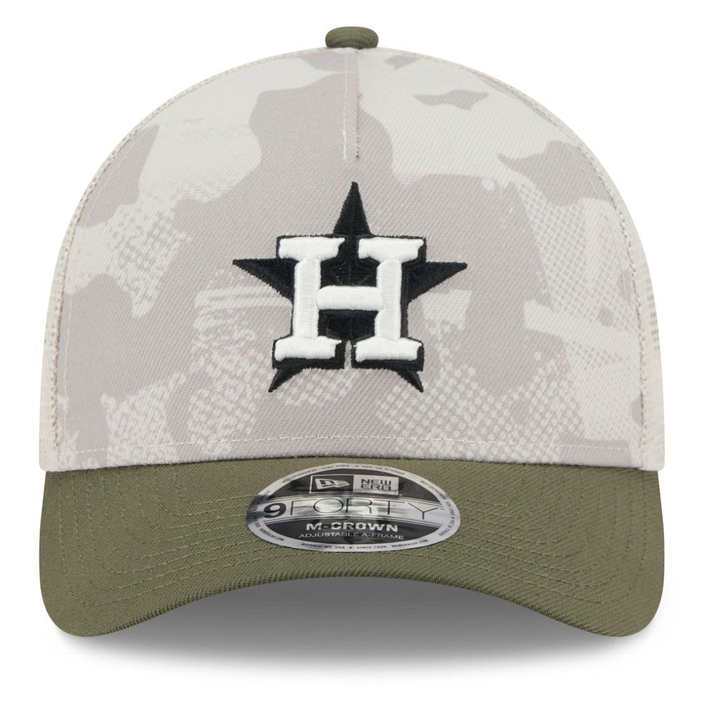 Houston Astros 2025 Armed Forces Day 9FORTY M-Crown A-Frame Adjustable Hat - Light Beige/Olive | New Era